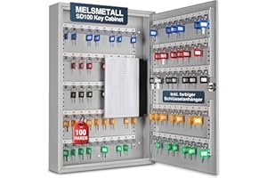 ‎MELSMETALL Melsmetall Schlüsselkasten SD100 – Schlüsselschrank mit 100 Haken, robuste Schlüsselbox aus Stahl, abschließbarer Safe, magnetische Außenseite, höhenverstellbare Leisten, Wandmontage (55x38x8cm)