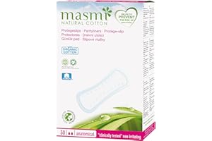 Masmi Protège-slips anatomiques en coton bio pour écoulement léger, hypoallergénique, biodégradable, sans parfum, viscose, rayonne, chlore et dioxines (30)