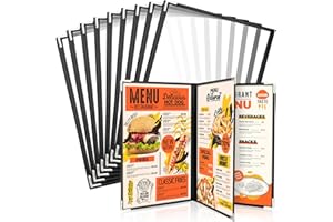 WenYa Lot de 10 couvertures de menu A5 - 3 pages - 6 vues (livret) - Style café - Bordure noire transparente - Avec protections d'angle en métal - Convient au papier de format A5 pour restaurants,