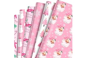 MORAINJAY 12 Sheets Wrapping Paper Christmas Pink Santa 68cmx50cm, 2025 Christmas Tree Wrapping Paper, Xmas Snowman Gift Wrap for Girls Winter Birthday Festival Kids Gift Wrap