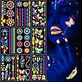 ExceLife 10 Sheets Neon Temporary Tattoo, 120+Styles Glow in the Dark UV Neon Tattoos Stickers Glitter Body Face Fake Waterproof Tattoo Stickers Rave Festival Accessory Party Supplies