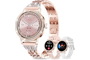 Fitoncloud Smart Watch for Women with Diamonds (Answer/Make Calls), 1.27" Display with Heart Rate/SpO2/Sleep Monitor, IP68 Waterproof Fitness Watch for Android & iPhone, 3 Bands, Rose Gold