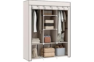 HOMCOM Armario de Tela Plegable, Armario Portátil con 2 Barras para Colgar, 8 Estantes, Marco de Acero, para Dormitorio, Vestidor, 125x43x162,5 cm, Crema