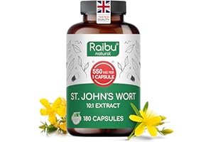 St John's Wort 5,500 mg - 10:1 (550 mg) St John's Wort per Capsule - Mood & Emotional Wellbeing - Maximum Strength, 6-Month Supply - 180 Vegan Capsules, No Additives - Raibu