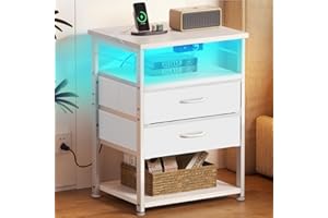 Coleshome Mesillas de Noche Dormitorio, con 2 Puertos USB, 1 Enchufes y Tira de Luces LED, Mesita de Noche con 2 Cajones de Tela y 2 Espacios de Almacenamiento, para Dormitorios Pequeños, Blanca