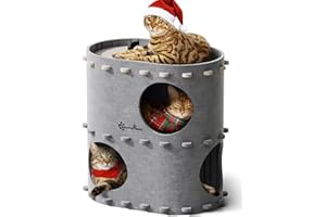 DownyPaws Cuccia per Gatti in Pelliccia, Letto a 2 Piani Casetta per Gatti 50x33x50 cm, Castello per Giocare, Design Accogliente, Protezione per le Unghie, Grigio