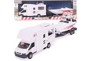 Toyland® Vitt lekset för husbil och motorbåt - 1:16 Avtagbar släpvagn med frihjulsfunktion för barn - Ålder 3+