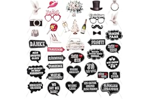 GEBETTER Deutsch 40 STK Hochzeit Fotoautomat Requisiten Worte Foto Booth Props Photo Fotobox Accessoires Hut Krawatte Brillen Fotorequisiten Hochzeitsfoto Dekorationen für Wedding JGA Party Zubehör