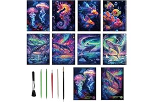 ZYLUNIY 8 Láminas de Arte Rascable Fosforescente, Papel para Rascar con Efecto Luminoso, Kit de Scratch Art para Niños y Adultos