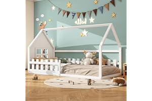 Huayz Letto per bambini 90 x 200 cm, Montessori, letto a pavimento con protezione anti-caduta e rete a doghe, in legno, per ragazzi e ragazze, senza materasso (bianco, 90 x 200 cm)