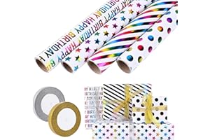Ambesty Papier Cadeau 43cm x 3M, 4 Rouleaux De Papier d'emballage Cadeau et 2 Rouleaux de Ruban, Papier Cadeau Rouleau Anniversaire, pour Anniversaire, Noël, Vacances, Mariage, Cadeau de Naissance (A)