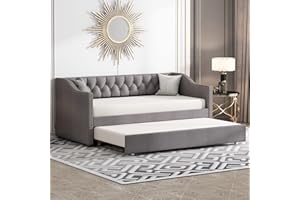 KecDuey Polsterbett 90x200 cm mit Bettkasten, Funktionsbett Jugendbett Strapazierfähiger Leinenstoff Tagesbett Ausziehbares Schlafcouch Gästebett (ohne Matratze) (Grau)