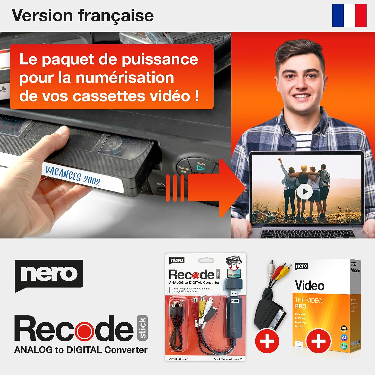Nero VHS vers USB Video Grabber Recode Stick – Convertisseur analogique numérique pour VHS, S-VHS et Hi8 | Logiciel Nero Video inclus | Capture en MP4 | Windows 11 / 10