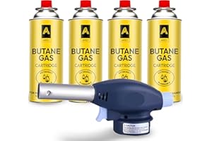 Aspect Blow Torch with 4 Butane Gas Bottles, Adjustable Flame Burner for Desserts, Creme Brulee, Welding, Auto Ignition Gas Torch for Cooking, Catering, BBQ,Camping & Fire Starter (Head+4 Butane Gas)