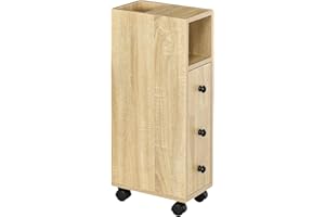 kleankin Armario de Baño con 4 Ruedas Mueble Auxiliar para Baño con Estante Abierto Puerta y Cajón para Espacio Reducido 18x30x68,5 cm Roble