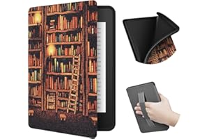 ERUNTO Etui na Kindle Paperwhite 6,8" (11. generacja w 2021 r.), etui z TPU z fakturą tkaniny i paskiem na plecach, etui magnetyczne z funkcją inteligentnego budzenia/uśpienia(Gold Bookshelf)