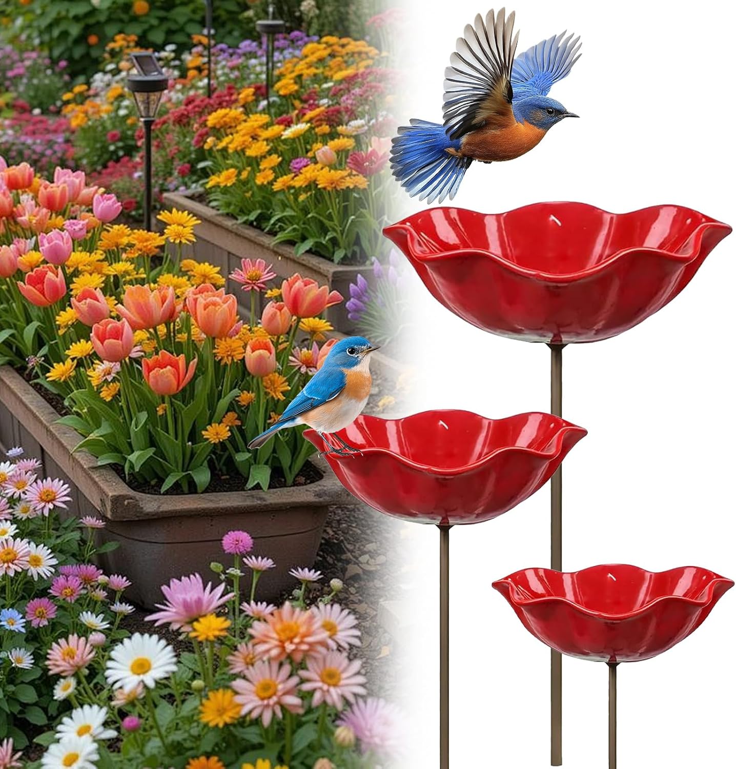 Handmade Metal Flower Garden Stake, Flower-Shaped Bee Watering Station for Garden, Dual-Function Metal Flowers Bird Bath & Pollinator Water Station, for Yard Lawn Patio Landscape Decor (Red,3PCS)