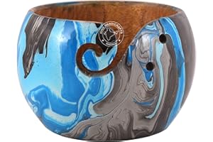 Hind Handicrafts Hochwertige, massive, dunkele, handgefertigte Holzschale, tragbar, antikes Garn Aufbewahrungsschale, Halter für Stricken, Häkelnadeln, Zubehör (15,2 x 15,2 x 10,2 cm, blaue Wellen