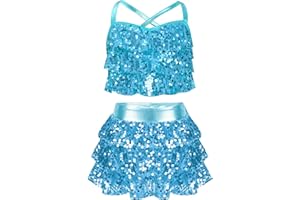Miutii Kids Girls 2 Piece Sequins Camisole Crop Top with Skirt Ballet Modern Jazz Latin Dance Performance Costume