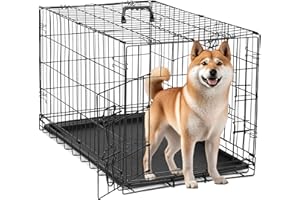 Simple Deluxe 76,2 cm mittelgroße Hundebox mit Trennwand, Doppeltür, zusammenklappbarer Metalldrahtkäfig mit auslaufsicherer Kunststoffschale, tragbare Haustierhütte für drinnen und draußen und auf