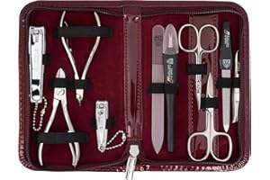 DREI SCHWERTER - Germany - Juego de manicura de 10 piezas 'Spezia' | Set de cuidado de uñas en piel lacada sintética burdeos | Contenido: tijeras para uñas, tijeras para piel, alicates, pinzas, lima