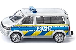 Siku 1553, VW T5 Policía de Autopista, Coche de Juguete para Niños, Metal/Plástico, Plateado, Portón Trasero Abatible, con Enganche para Remolque.