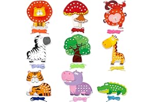 SpriteGru 9 Cartes à Lacer, Cartes à Coudre Recto Verso de 9 Animaux de la Jungle avec 9 Lacets Colorés, Jeux de Jouets Développant l'Imagination et le Laçage pour les Préscolaires, Enfants