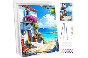 BOWETILE Costa Marco Pintar por Números para Adultos, Kit de Pintura Vista al Mar por Números para Adultos, Kit Dibujo con Pigmentos Acrílicos para Decoración del Hogar con Caballete de Madera 20x30cm