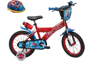 A.T.L.A.S. Vélo Enfant 14'' Spiderman/Marvel équipé de 2 Freins, Plaque Avant décorative, Bidon arrière et Casque Spiderman Inclus !, Rouge identique aux Photos