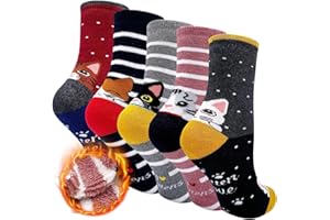 ZFSOCK Grube damskie skarpety termiczne: damskie ciepłe skarpety zimowe, kolorowe, zabawne zimowe termiczne skarpety bawełniane z wewnętrznym motywem frotte, motyw kota, zwierzęta, 5 par, rozmiar