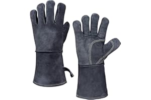 OZERO Gants pour Barbecue, Gants de Protection en Cuir pour Barbecue, Gants de Four, Parfait pour Grill BBQ Cuisine Four de Cuisson Coin du Feu Cheminée