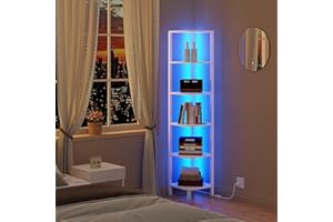 TUTOTAK Corner Shelf with LED Light, 6-Tier Corner Bookshelf for Small Space, Narrow Display Corner Shelf Stand with Storage Rack, for Living Room, bedroom, White BS08BW006LEU