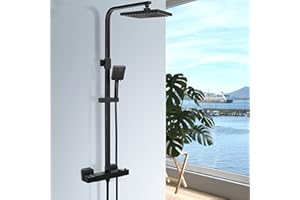 Ronvie Thermostatic Shower Mixer Set, Thermostat Shower Rail System with Adjustable Rainfall Shower Head, Scalding Protection Bath Tap, Anti-Kink Shower Hose (Square, Matte Black)