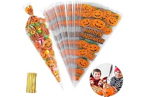UDIKEFO 100Pcs Pumpkin Cone Bag Halloween Clear Cellophane Treat Bags, Party Favor Bags with Gold Twist Ties for Candy Cookies