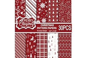 MIAHART Lot de 30 feuilles de papier à motifs Joyeux Noël A4 Taille 10 Motifs Festival Papier artisanal décoratif double face pour la fabrication de cartes Scrapbook, rouge et blanc
