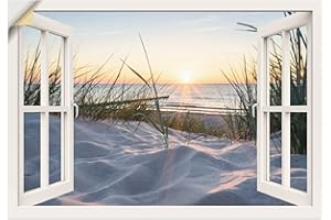 ‎ARTLAND ARTland Wanddeko Wandtattoo selbstklebende Vinylfolie 100x70 cm Fensterblick Strand Meer Sand Ostsee Dünen Sonnenuntergang U1TZ