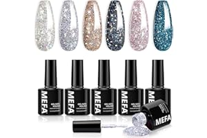 ‎MEFA MEFA UV Nagellack Glitzer, 6 Farben Rosa Schwarz Blau Silber Farben 7 ML Soak Off UV LED Gel Nagellack Schellack Set für Gelnägel Nail Art Kit Maniküre Nageldesign Nägel Selber Machen