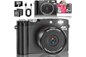 ZMOQNG Digital Camera 4K 64MP for Vlogging, 18X Digital Zoom, 2.8'' 180° Flip Screen, Macro Function, Autofocus, 32GB Card & 2 Batteries Compact Camera for Teens, Beginners & Adults