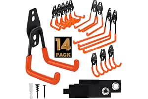 TECHSHARE Wandhaken Garage, 14 Stück Garagenhaken Wandhaken, 4 Verschiedene Größen, Schwerlasthaken für Gartengeräte, Werkstatt, Leiter, Garagenorganisation(Orange)