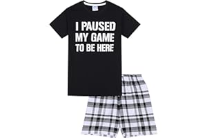 THEPYJAMAFACTORY Jungen Schlafanzug mit Aufschrift "I Paused My Game to Be Here", gewebt, Gaming, kurzer Schlafanzug