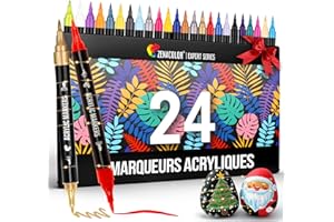 Zenacolor 24 Feutres Acryliques Double Pointe - Stylo Peinture Pointe Fine & Pinceau - Couleurs Opaques pour Peinture sur Verre, Bois, Pierre, Toile - Marqueurs à dessin pour Loisir Creatif Adulte