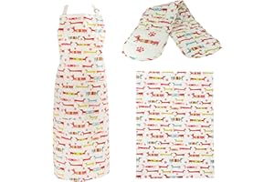 SPOTTED DOG GIFT COMPANY 3 Piece Kitchen Textiles Set - Dachshund Apron, Double Oven Gloves & Tea Towel, 100% Cotton Cute Animal Themed Kitchen Accessories for Cooking Baking, Sausage Dog Gifts