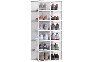 SONGMICS Shoe Boxes, Pack of 12 Stackable Shoe Storage Organisers, Foldable and Versatile for Sneakers, Fit up to UK Size 11, Transparent and White LSP12MWT
