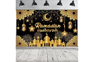 BAEIDO Ramadan Mubarak Banner 2025, Extra Large Fabric Eid Kareem Backdrop for Decorations, 72 x 44 Inch Star Moon Lanterns Castles Photo Booth Background for Islamic Muslim Al-Fitr Party Supplies