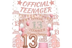 YTEWFGL 13th Birthday Decorations Girls Set - 25 Pcs Rose Gold Official Teenager Banner Bunting Hanging Swirls Streamers Number 13 Balloon 59*39 Inch Backdrop Confetti Latex Balloons for 13th Party Supplies