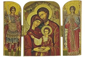 Ferrari & Arrighetti Triptyque Sainte Famille, Icône de style Art byzantin, Icône sur bois finie avec auréoles, inscriptions et bordures faites à la main, production grecque - 14 x 12 cm
