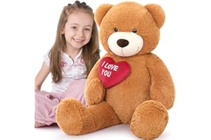 MorisMos 90cm Orso Peluche Gigante con Cuore Rosso, I Love You Orsacchiotto Peluche Grande XL Marrone, Orsetto Morbido Carini Regali San Valentino per Fidanzata Donna Ragazze Bambini