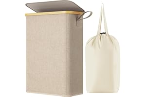 Lifewit 50L Slim Laundry Hamper with Lid, Narrow Laundry Basket with Removable Bag & Bamboo Handles, Fodable Thin Dirty Clothes Hamper for Laundry Collapsible Bin for Bathroom Bedroom Dorm, Beige