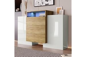 ‎MERAX Merax Sideboard mit LED-Leuchten, Modernes Hochglanz Buffet Anrichten Schränke mit 3 Schublade und 2 Türen, Mehrzweckschrank für Esszimmer Wohnzimmer Küche, 140 x 77,5 x 30 cm, Weiß & Natürlich