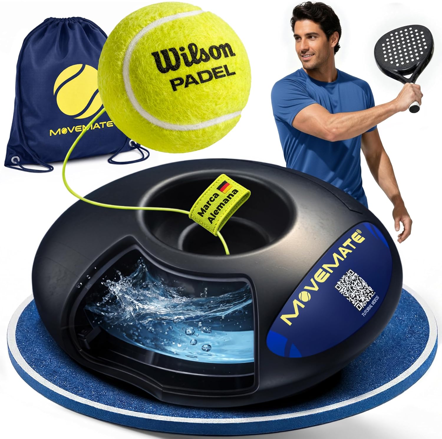 MOVEMATE Dispositivo de Entrenamiento de Pádel/Tenis con Pelota Wilson® | Innovador Equipamiento Deportivo para Exteriores, en el Parque, en el jardín | con Bolsa de Transporte y vídeos de Ejercicios